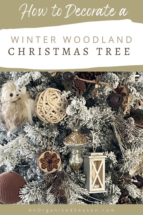 White Woodland Christmas Tree, Christmas Tree Decor Ideas Farmhouse, Flocked Woodland Christmas Tree, Winter Christmas Tree Decorations, Winter Theme Christmas Tree, Winter Wonderland Christmas Tree Ideas, Woodland Animal Christmas Decor, Woodland Fairy Christmas Tree, Snowy Woodland Christmas Tree