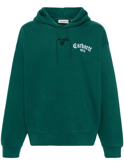 logo-embroidered cotton hoodie from CARHARTT WIP featuring teal green, cotton, jersey texture, embroidered logo at the chest, drawstring hood, drop shoulder, long sleeves, front pouch pocket and ribbed cuffs and hem. Width 16,93 in / 43 cm Height 12,99 in / 33 cm Depth 5,91 in / 15 cm Handle 13,78 in / 35 cm Progress Logo, Sales Clothes, Merch Collection, Carhartt Work In Progress, Men Carhartt, Hoodie Green, Carhartt Mens, Summer 24, Carhartt Wip