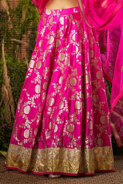 Buy Sobariko Pink Banarasi Floral Brocade Lehenga Set Online | Aza Fashions Brocade Lehenga, Banarasi Brocade, Banarasi Lehenga, Rani Pink, Pink Lehenga, Embroidered Dupatta, Peacock Design, Fuchsia Pink, Floral Motifs