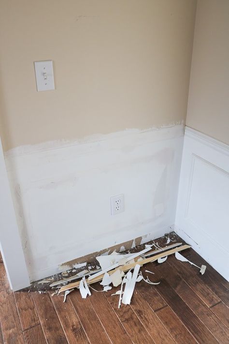 Dining Progress - Removing Old Wainscoting - Old Wainscoting Makeover, Remove Chair Rail Molding, Removing Wainscoting, Removing Chair Rail, Dining Room Chair Rail, Frame Wainscoting, Waynes Coating, Wainscoting Dining Room, Tan Curtains