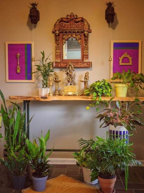 South Indian House Tour in USA : Glows with Temple Decor Elements South Indian House, South Indian Home Decor, Indian Inspired Decor, Indian Interior Design, Indian Room, Indian Room Decor, Indian House, Colourful Living Room Decor, India Home Decor