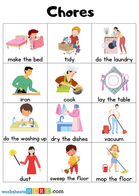 Kids Folding Clothes, Household Chores Pictures, House Worksheets For Kids, Chores Worksheet, Household Chore List, Household Chores List, Letter W Activities, Chores List, Preschool Rules