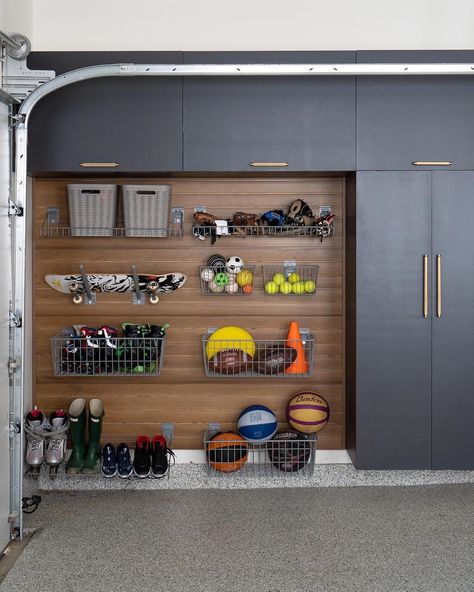 Check out this photo from mrsjessicadarling Efficient Garage Storage, Garage Wall Storage Ideas, Modern Garage Interior, Organic Transitional, Small Garage Organization, Garage Aesthetic, Garage Redo, Casa Aesthetic, Garage Closet