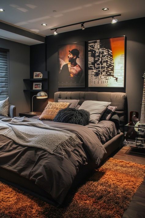 Modern Men’s Bedroom, Man Bedroom Ideas, Plan Aesthetic, Male Room Ideas, Mens Apartment Decor, Bachelor Bedroom, Male Bedroom Ideas, Deco Loft, Mens Room Decor