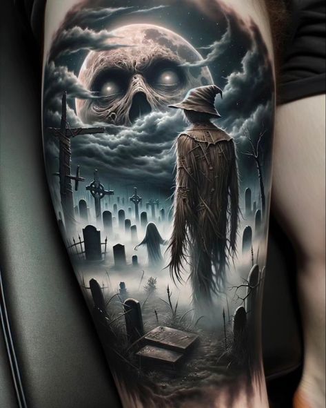 Zombie Apocalypse Halloween, Apocalypse Halloween, Graveyard Tattoo, Halloween Tattoos Sleeve, Zombie Tattoos, Black Skull Tattoo, Skull Art Tattoo, Monster Tattoo, Hyper Realistic Tattoo