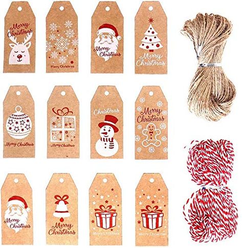 PRICES MAY VARY. Size: Kraft Paper Tag: 1.57×3.54 in Length of Cotton Rope: 1 meter/39.38 in Length of Jute Twine: 5 meter/ 16.4 feet. Quality material: The kraft gift tags are made of premium brown kraft paper, smooth to write and not easy to break; The cotton rope and jute twine are durable and sturdy, which can last for a long time use. Classic Christmas designs: Hang labels have various patterns like Santa Claus, Xmas gift, Xmas tree, snowflake and snowman, which brings you more Christmas at Christmas Name Tags, Kraft Paper Tags, Christmas Tags Printable, Labels Diy, Christmas Labels, Paper Gift Tags, Merry Christmas Decoration, Cadeau Diy, Paper Tags