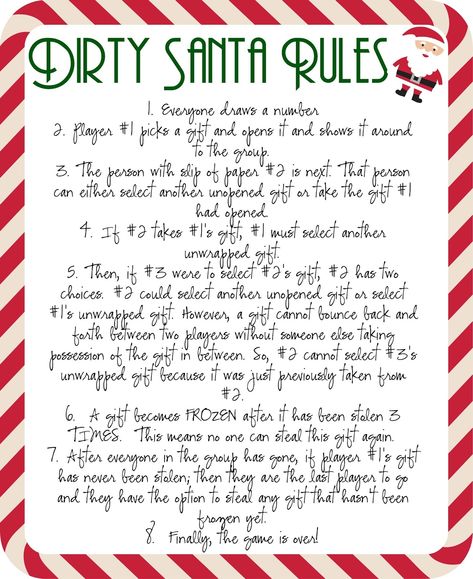 Dirty Santa Rules, Teamwork Motivation, Santa Games, Holiday Sayings, Gift Games, Christmas Gift Exchange Games, Christmas Gift Games, Santa Party, Xmas Games