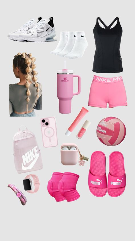 pink volleyball outfit #volleyball #practice #pink Volleyball Shorts Outfit, Volleyball Outfits Practice, Netball Outfits, Volleyball Practice Outfits, Volleyball Fits, Cheer Fits, Volleyball Kit, Volleyball Clothing, Pink Volleyball