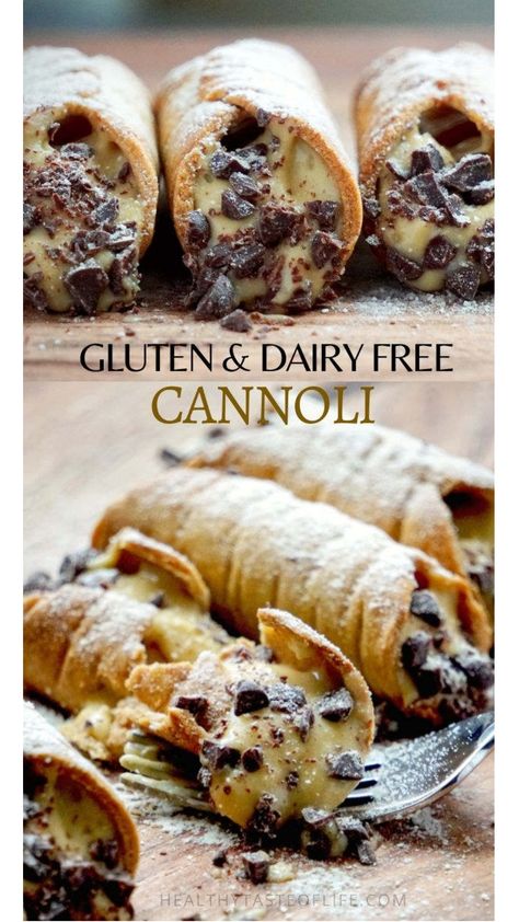 Gluten Free Cannoli Recipe + Dairy Free Filling | Healthy Taste Of Life Baked Cannoli Shells, Gluten Free Cannoli Recipe, Gluten Free Cannoli, Cannoli Desserts, Dairy Free Custard, Comfort Food Desserts, Cannoli Shells, Cannoli Filling, Cannoli Recipe