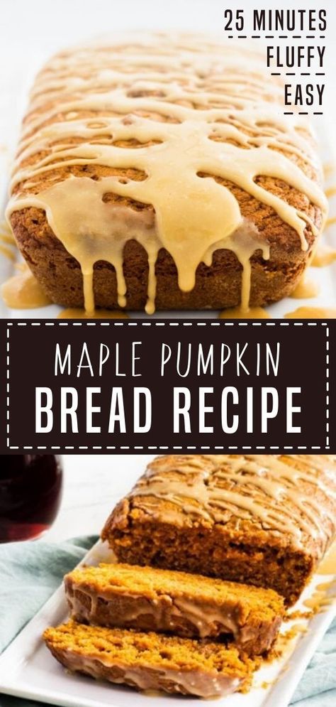 Learn how to make this easy Maple Pumpkin Bread Recipe with only 15 minutes of prep work! Each bite of this moist sweet treat is filled with the best fall flavors and spices and a maple syrup glaze. Enjoy a slice for breakfast or add a scoop of ice cream for dessert! Maple Syrup Glaze, Easy Quick Bread, Pumpkin Bread Easy, Scoop Of Ice Cream, Fall Baking Recipes, Maple Pumpkin, Easy Autumn Recipes, Pumpkin Recipe, Bread Easy