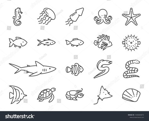 Ocean life line icon set. Included the icons as marine fish, sea fish, shark, seahorse, stingray, mackerel, shell, tuna and more.Included#set#marine#icons Ocean Stick And Poke, Ocean Stick And Poke Tattoo, Simple Sea Creature Tattoo, Simple Ocean Animal Tattoo, Yakuza Tattoo Sleeve, Clownfish Tattoo, Pufferfish Tattoo, Tiny Fish Tattoo, Ocean Life Tattoos