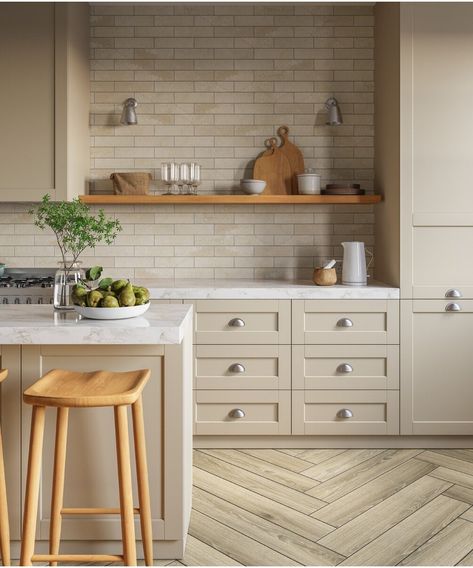 Kitchen Backdrop Tiles, Grey And Neutral Kitchen, Sage Tiles Kitchen, Stone Colour Kitchen, Natural Earthy Kitchen, Beige Kitchen Walls, Country Kitchen Backsplash Ideas, Neutral Kitchens, Kitchen Backdrop