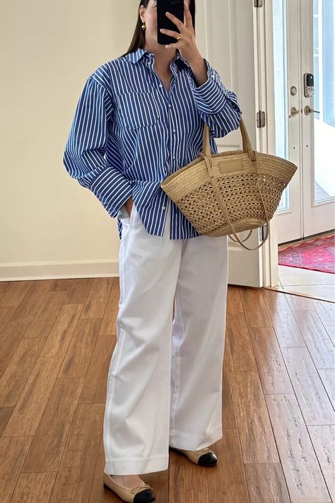 Max Shirt curated on LTK Blue And White Striped Shirt Outfit Summer, Polo Button Down Outfit Women, Navy Shirt Outfit, Blue And White Striped Shirt Outfit, Poplin Shirt Outfit, Blue Blouse Outfit, White Striped Shirt Outfit, Classic Summer Outfits, 70s Inspired Outfits