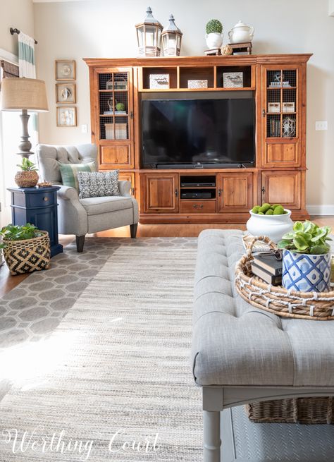 Layered Area Rugs Living Rooms Farmhouse, Old Entertainment Center Ideas, Entertainment Center Ideas Diy, Entertainment Center Ideas, Old Entertainment Centers, Diy Furniture Makeover, Rustic Blankets, Room Revamp, Entertainment Center Redo