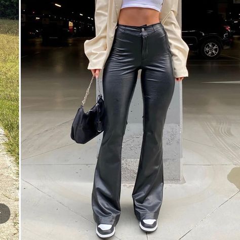 Leather Pants Flare Outfit, Flare Leather Pants Outfit, Leather Flare Pants, Flare Outfit, Faux Leather Pant, Flair Pants, 70 Fashion, Black And White Nikes, Leather Pants Outfit