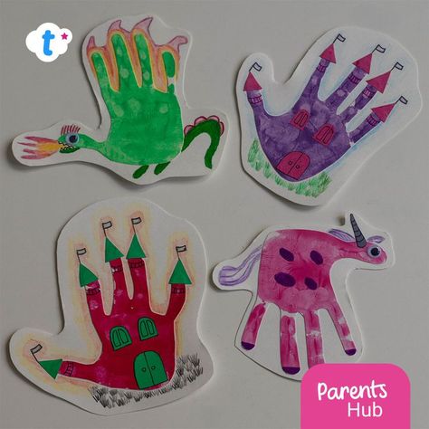 Why not enjoy some fantasy-themed hand printing? Create painted prints and transform them into unicorns, dragons or castles! #kidshandprints #handprints #fantasy #dragoncraft #castlecraft #unicorncraft #fantasyhandprints Fantasy And Fairytale Preschool, Fairytale Arts And Crafts, Fairytale Ideas For Preschool, Dragon Handprint Craft, Dragon Arts And Crafts For Kids, Dragon Art Preschool, Fantasy Activities For Preschool, My Imagination Preschool Theme Crafts, Fairy Tale Art For Toddlers