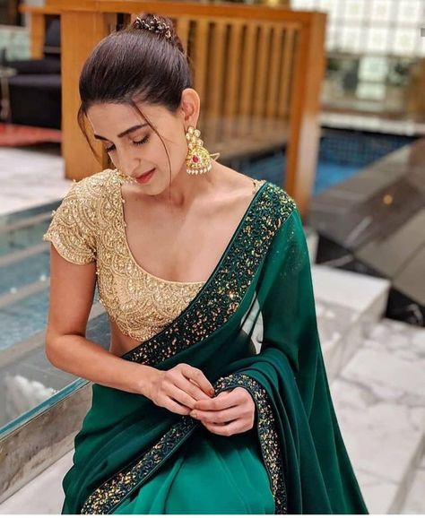 Gorgeous georgette dark green saree Dark Green Saree, Aahana Kumra, Party Wear Sarees Online, Blouse Back Neck Designs, Sari Blouse Designs, Indian Saree Blouses Designs, Saree Blouse Patterns, Indian Woman, Saree Blouse Designs Latest