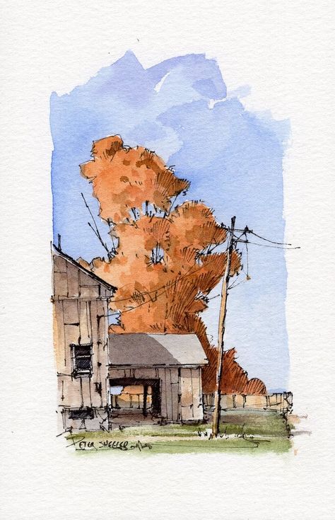 Piercings Corps, Line And Wash Watercolor, Peter Sheeler, Watercolour Tutorial, Line And Wash, Watercolor House Painting, Oil Painting Background, Painting Ideas For Beginners, Canvas For Beginners