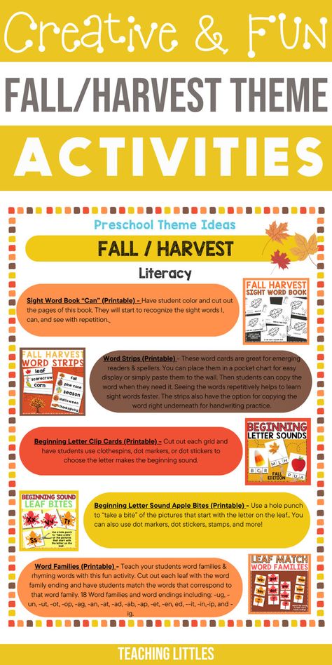 A 20 paged lesson plan that is Fall/Harvest themed with creative activities for your preschoolers. Keep them busy, learning and engaged! Preschool Fall Harvest Theme, Harvest Craft Preschool, Harvest Preschool Theme, Preschool Harvest Party, Fall Lesson Plans For Toddlers, Harvest Theme Preschool, Preschool Harvest Theme, Teaching Toddlers Letters, Harvest Preschool