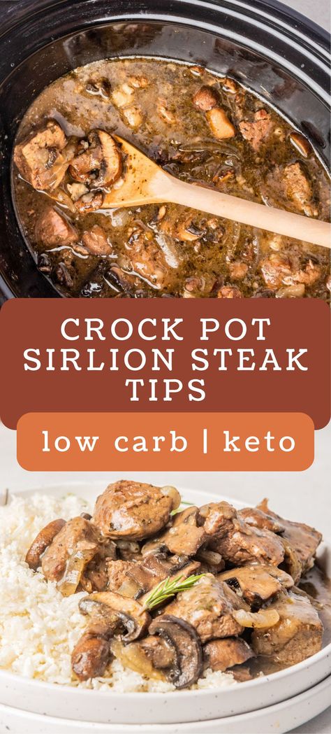 Learn how to make my sirloin steak tips, complete with tender meat, portobello mushrooms, and umami beef broth! They're delicious served on a bed of keto "mashed potatoes," low carb veggies, or a thick slice of gluten free bread. slow cooker recipes | crock pot recipes | steak bites | best of low carb yum Keto Mashed Potatoes, Sirloin Steak Tips, Crockpot Steak Recipes, Sirloin Steak Recipes, Beef Tip Recipes, Recipes Steak, Crockpot Steak, Slow Cooker Steak, Low Carb Crock Pot Recipes