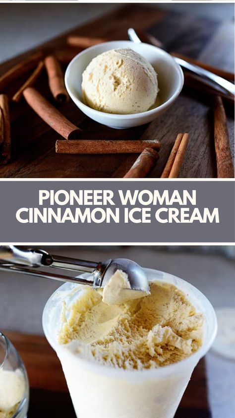 Pioneer Woman Cinnamon Ice Cream is made with half-and-half, sugar, cinnamon sticks, vanilla bean, egg yolks, heavy cream, and ground cinnamon.

This easy cinnamon ice cream recipe creates a creamy and cold dessert that takes about 1 hour and 20 minutes to prepare and can serve up to 8 people. Pioneer Woman Ice Cream Recipes, Cinnamon Ice Cream Pioneer Woman, Homemade Cinnamon Ice Cream, Ice Cream With Half And Half, Cinnamon Ice Cream Recipe, Pioneer Woman Desserts, Pioneer Kitchen, Egg Yolk Recipes, Cinnamon Ice Cream