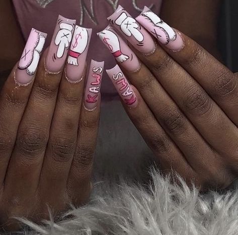 Kaws Nails Design Medium, Kaws Nail Designs, Kaw Nails, Kaws Nails, Pink Kaws, Nails Pink Acrylic, Spongebob Nails, Acrylic Nails Pink, Cartoon Nail Designs