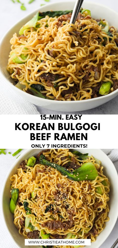 Bulgogi Beef Ramen. Sweet, savoury tender beef stir fried with chewy ramen and bok choy in a bulgogi sauce. This super simple recipe only calls for 7 ingredients unlike most noodle dishes that call for 10+ more ingredients. That’s because we are using a little cheat – store bought bulgogi marinade with pear puree! Ready in 15 mins. #ramen noodle hacks #bulgogi #korean #ramen #noodles #noodle #asianrecipes #koreanfood #asianfood #koreanrecipe Bulgogi And Noodles, Bulgogi Noodle Bowl, Ramen Noodles Upgrade, Bulgogi Noodles, Bulgogi Ramen, Ramen Noodle Hacks, Ramen Upgrade, Ramen Meals, Korean Ramen Noodles