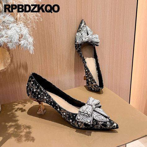 High Heels Pointed Toe Pearl Bow Knot Women Slip On Diamond Shoes Stiletto Silk Bowtie Pumps Medium Diamond Shoes, Pearl Bow, Bow Knot, Knot, High Heels, Slip On, Pumps, Silk, Heels