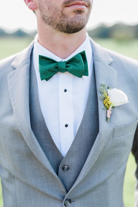 groomsmen in emerald green bow tie and light grey suit Grey Suit With Green Bow Tie, Groom Suit Grey, Emerald Green Wedding, Late Summer Wedding, Grey Suit Wedding, Mens Wedding Attire, Tan Wedding, Light Grey Suits, Late Summer Weddings