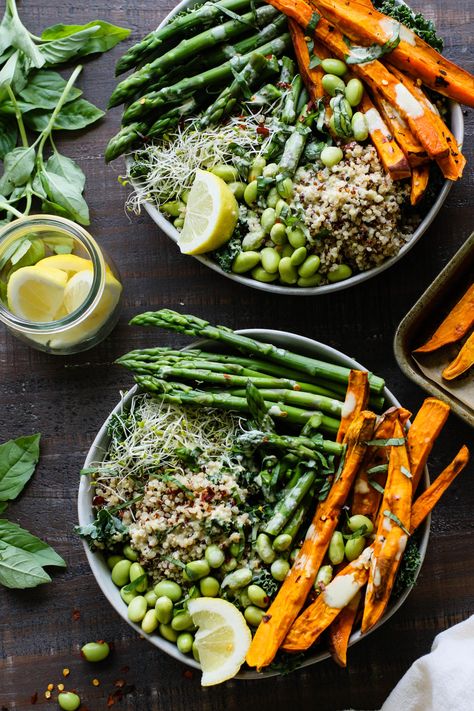 Sweet Potato Fries Seasoning, Asparagus Quinoa, Buddha Bowl Sauce, Tahini Dressing Recipe, Toasted Quinoa, Buddha Bowls Recipe, Sweet Potato Fries Baked, Lemon Bowl, Lemon Tahini Dressing