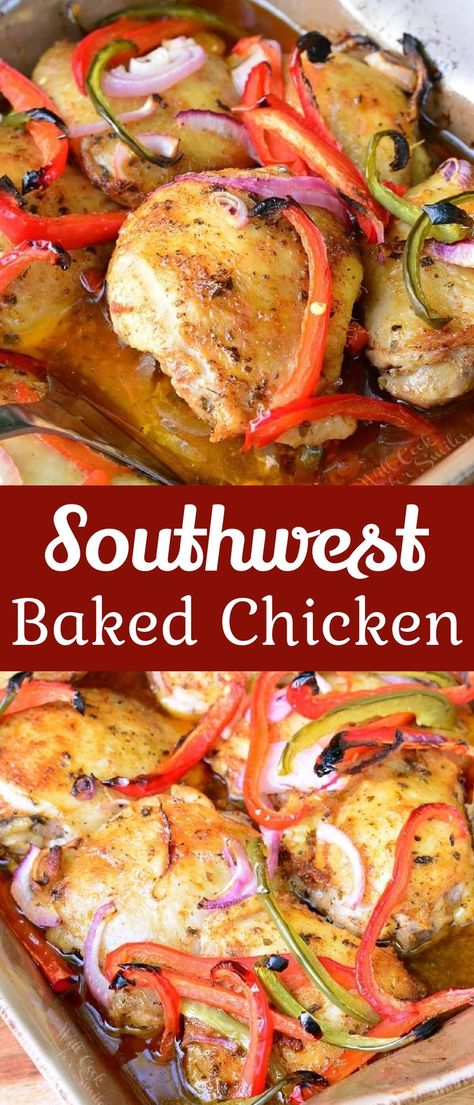 Delicious baked chicken dish made with bell peppers, red onions, and southwest chicken marinade. This is the best southwest chicken marinade I’ve ever made and it goes great with any kind of chicken. Baked Chicken And Bell Pepper Recipes, Baked Chicken Peppers And Onions, Baked Chicken With Bell Peppers, Baked Chicken With Onions And Peppers, Chicken Recipes With Roasted Red Peppers, Southwest Chicken Marinade, Chicken And Peppers Recipe, Chicken With Peppers And Onions, Chicken Peppers And Onions