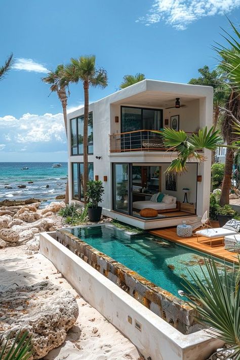 Tiny House World Small House On Beach, Modern House By The Beach, Tiny Beach Houses, Summer House Bedroom Ideas, Small House By The Beach, Beach House Inspo Exterior, Tiny House Mansion, Small Modern House With Pool, Small Modern Beach House