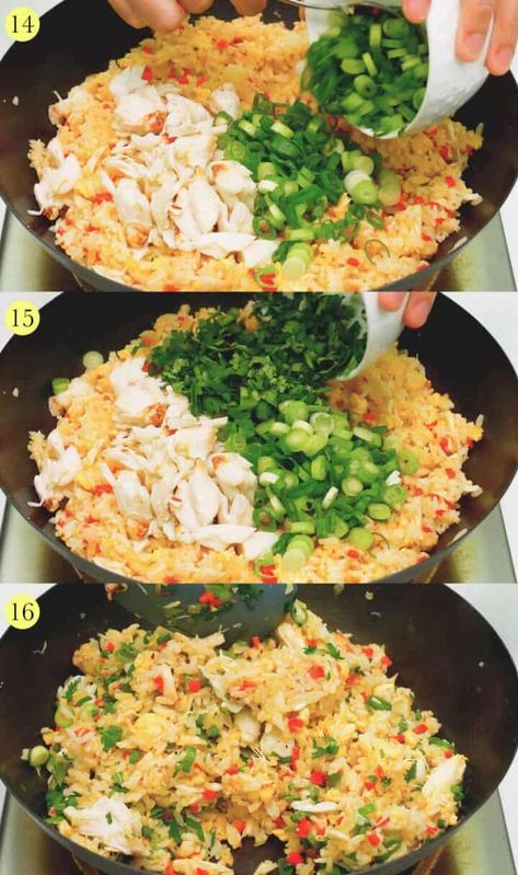 Crab Fried Rice - Recipes by Nora Seafood Rice With Crab And Shrimp, Crab And Rice, Crab Fried Rice Recipe, Dungeness Crab Recipes, Crab Fried Rice, Crab Rice, Seafood Fried Rice, Basil Fried Rice, Crab Fries