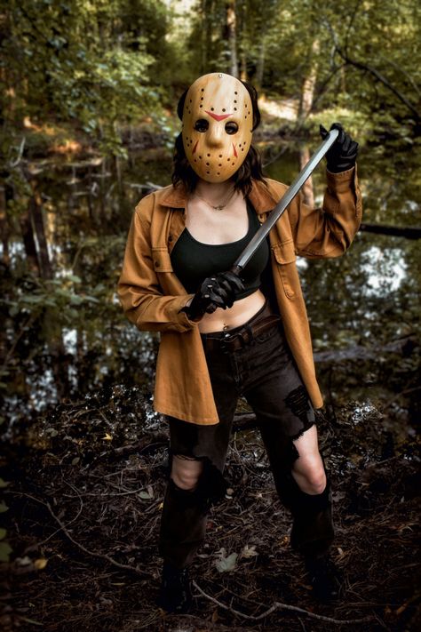 Jason Voorhees Photoshoot by @MelissaRoller Women’s Jason Costume, Halloween Movie Photoshoot, Hot Jason Costume, Jason Halloween Makeup Women, Jason Outfit Halloween, Jason Voorhees Girl Costume, Jason Voorhees Womens Costume, Jason Girl Costume, Jason Costume Women Diy