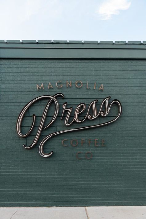 A Look Inside Magnolia Press with Chip & Joanna Gaines | Magnolia Press | Waco, TX | magnolia.com | Campground Signs, Butik Design, Magnolia Press, Magnolia Journal, Sign Inspiration, Moody Vibes, Opening A Coffee Shop, Store Signage, Shop Signage