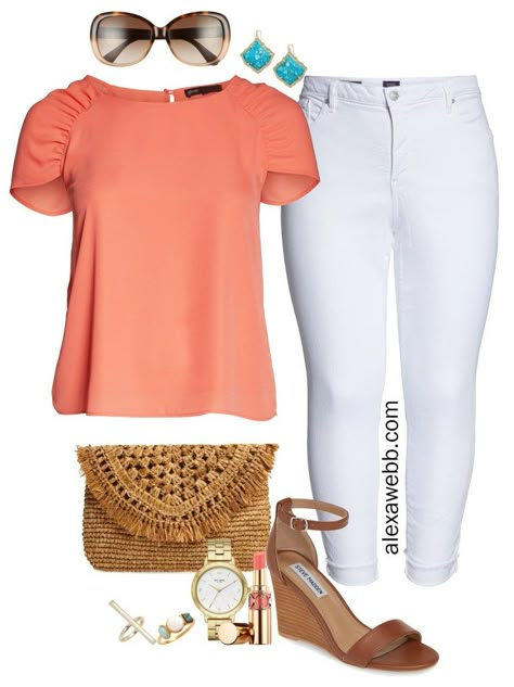 Plus Size Nordstrom Sale Outfit - Coral Top, White Jeans, Sandals - alexawebb.com #plussize #alexawebb Jeans Sandals, Alexa Webb, Plus Size Fashion Tips, Interview Outfits, Coral Top, Look Plus Size, Nordstrom Sale, Fashion Petite, Sale Outfit