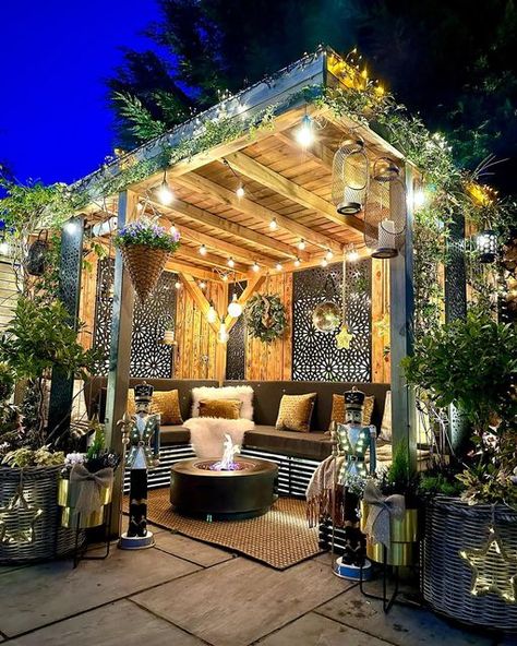 Fairy Light Pergola, Outdoor Pergola Christmas Decor, Sunday Have A Great Day, Patio Ceiling, Floor Lanterns, Pool Pergola, Hanging Candle, Outdoor Fairy Lights, Pergola Lighting