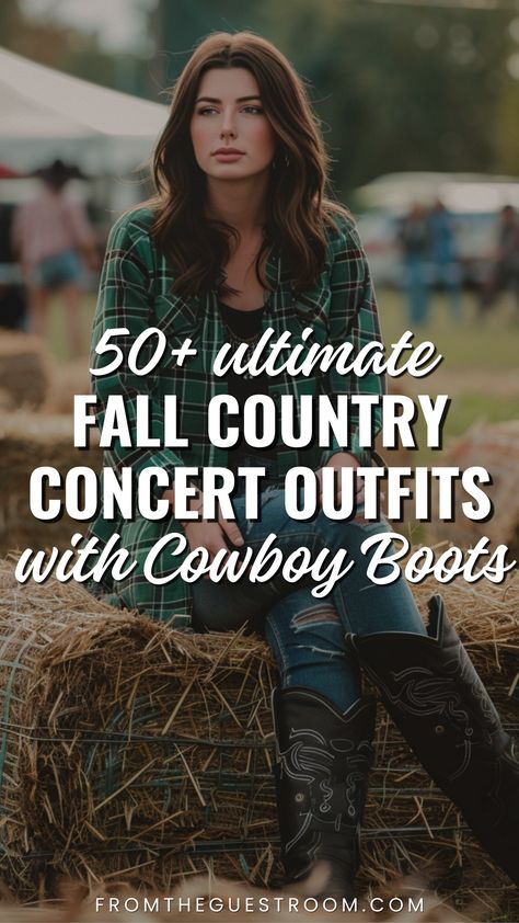 a woman wears fall country concert outfit with cowboy boots, western outfits County Concert Outfits Fall, Country Western Concert Outfit, How To Wear Cowboy Boots Women Over 50, Country Music Concert Outfit Fall, Western Concert Outfits Women, Country Concert Outfit Ideas Fall, Outfits With Cowboy Boots For Women, Concert Outfit Cowboy Boots, Jeans And Cowboy Boots Outfit