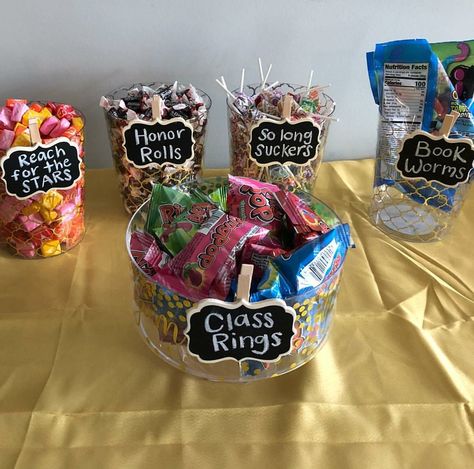 Graduation Candy Table Graduation Candy Table, Girl Graduation Party, Graduation Centerpieces, Graduation Party Desserts, Kindergarten Graduation Party, High School Graduation Party Decorations, Backyard Graduation Party, Senior Graduation Party, Boy Graduation