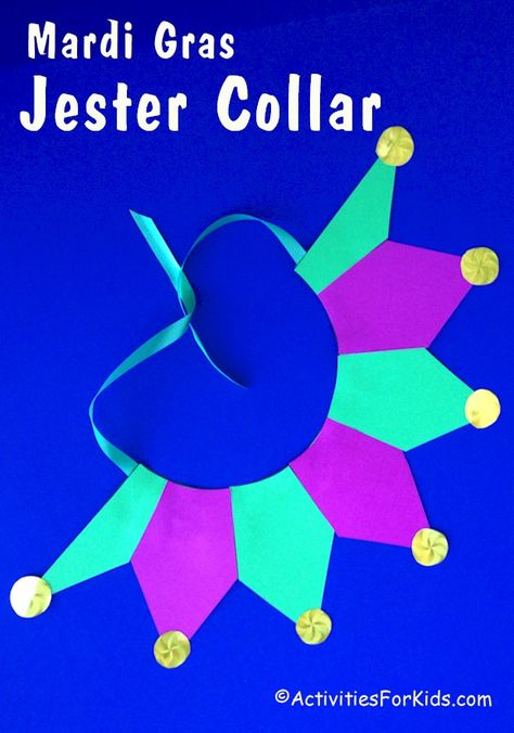 Get into the spirit of Mardi Gras this year with an easy to make Jester Collar.  Use for kids or adults and instructions include a Jester Collar pattern. Jester Collar, Mardi Gras Activities, Mardi Gras Hats, Mardi Gras Crafts, Jester Costume, Jester Hat, Pattern Activities, Gold Foil Paper, Masks Crafts