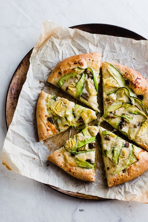 Pizza Artichoke, Pizza Vegetariana, Dough Pizza, Sautéed Mushrooms, Frozen Bread Dough, Zucchini Ribbons, Best Homemade Pizza, Kitchen Confidential, Meatless Recipes