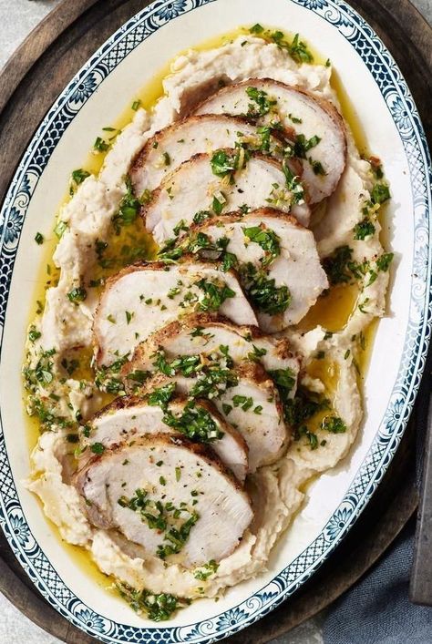 White Bean Puree, Bean Puree, Grilled Pork Loin, Herb Vinaigrette, Easy Mediterranean Diet Recipes, Pork Loin Recipes, Lemon Herb, White Bean, Grilled Pork