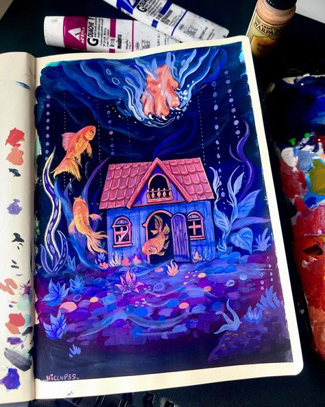 Prompt: Underwater Temple 🫧 The quick sketch became a three day thing 😪 Working with colours from 2018(ish?) to break up the greens I’m not even a fan of how this turned out, but I needed to get the idea out of my head 🙂‍↔️ #gouache #gouachepainting #gouacheart #acrylagouache #jacksonsartsupplies #promptart #illustationart #illustration #traditionalart #sketchbookart #sketchbookdrawing #fantasyart #artoftheday #paintingoftheday #doodleart #storyart #sketchbooktour Acrylic Gouache Illustration, Jelly Gouache Painting Ideas, How To Paint With Gouache, Gouache Art Inspiration, Guache Illustration, Underwater Temple, Gouache Ideas, Nice Backgrounds, Gouache On Canvas