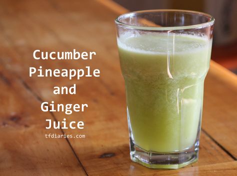 Ginger, Pineapple, and Cucumber Juice by TfDiaries Pineapple And Cucumber, Pineapple And Ginger, Ginger Pineapple, Pineapple Juice Recipes, Pineapple Cucumber, Cucumber Smoothie, Ginger Drink, Ginger Smoothie, Cucumber Juice