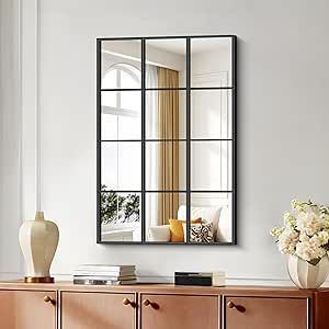 Wall Mirror Decorative, 24x36 inch Black Frame Window Mirror Rectangular Mirrors for Decor Farmhouse Living Room Entryway Fireplace, Horizontal or Vertical Wall Mounted or Leaning Against Wall Farmhouse Fireplace Decor, Window Pane Mirror, Mirror Window, Full Length Floor Mirror, Mirror Collection, Mirror Wall Bedroom, Full Length Mirror Wall, Staircase Decor, Salon Suites