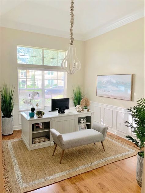 Coastal Office decor ideas with Yellow Walls via closingsandcarseats Dinning Room Into Office, Dining Room Into Office, Ditch The Dining Room, Convert Dining Room, Coastal Office Decor, Beachy Office, Narrow Office, Dining Room To Office, Insurance Office