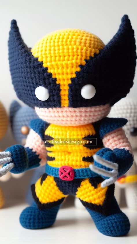 Wolverine amigurumi Stuffy Pattern, Crochet Stuffy, Superhero Dolls, Disney Crochet Patterns, Knitting Hacks, Animals Crochet, Knitted Cardigans, Easy Crochet Animals, Crotchet Patterns