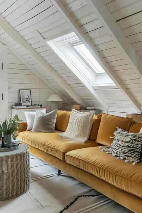 Creative Low Ceiling Attic Makeovers - Tips &amp; Ideas Attic Sitting Room Ideas, Attic Lounge Room, Small Attic Ideas Low Ceilings Loft Conversions, Attic Color Ideas, Modern Attic Living Room, Attic Apartment Ideas Slanted Ceiling Kitchen, Tiny Attic Ideas Low Ceilings, Attic Living Room Sloped Ceiling, Tiny Attic Ideas