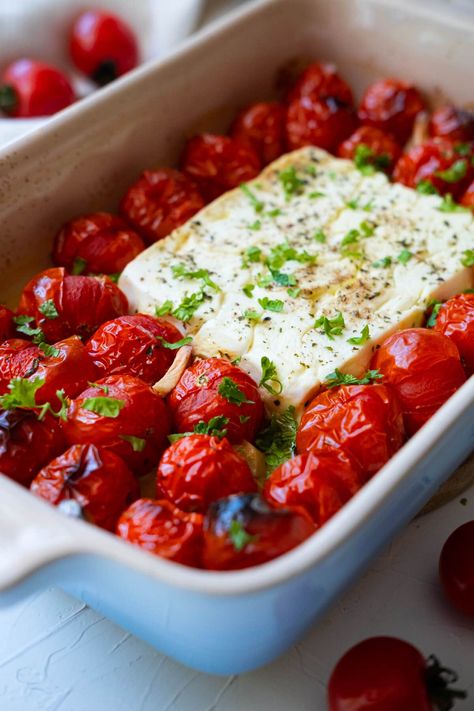 Roasted Tomato And Feta Dip, Feta Baked With Tomato And Oregano, Baked Grape Tomatoes, Recipes For Feta Cheese, Feta Cheese Tomato Bake, Baked Feta And Tomatoes, Tomato And Feta Bake, Feta And Tomato Bake, Feta Tomato Bake