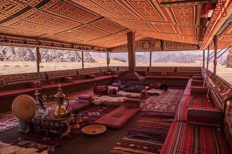 Arabian Nights Wadi Rum. Traditional Bedouin camp communal tent. Bedouin Decor, Moroccan Tent, Arabian Tent, Luxury Yurt, Arabian Decor, Bedouin Tent, Wadi Rum Jordan, Moorish Design, Desert Safari Dubai